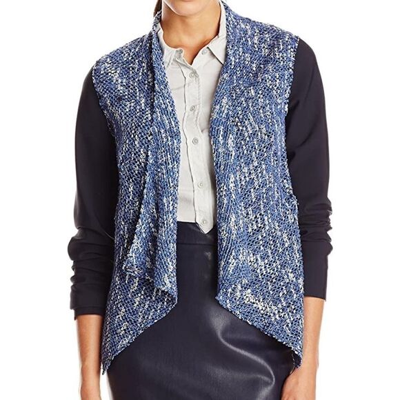 Elie Tahari Navy Blue Claire Tweed Open Jacket M - Picture 1 of 8